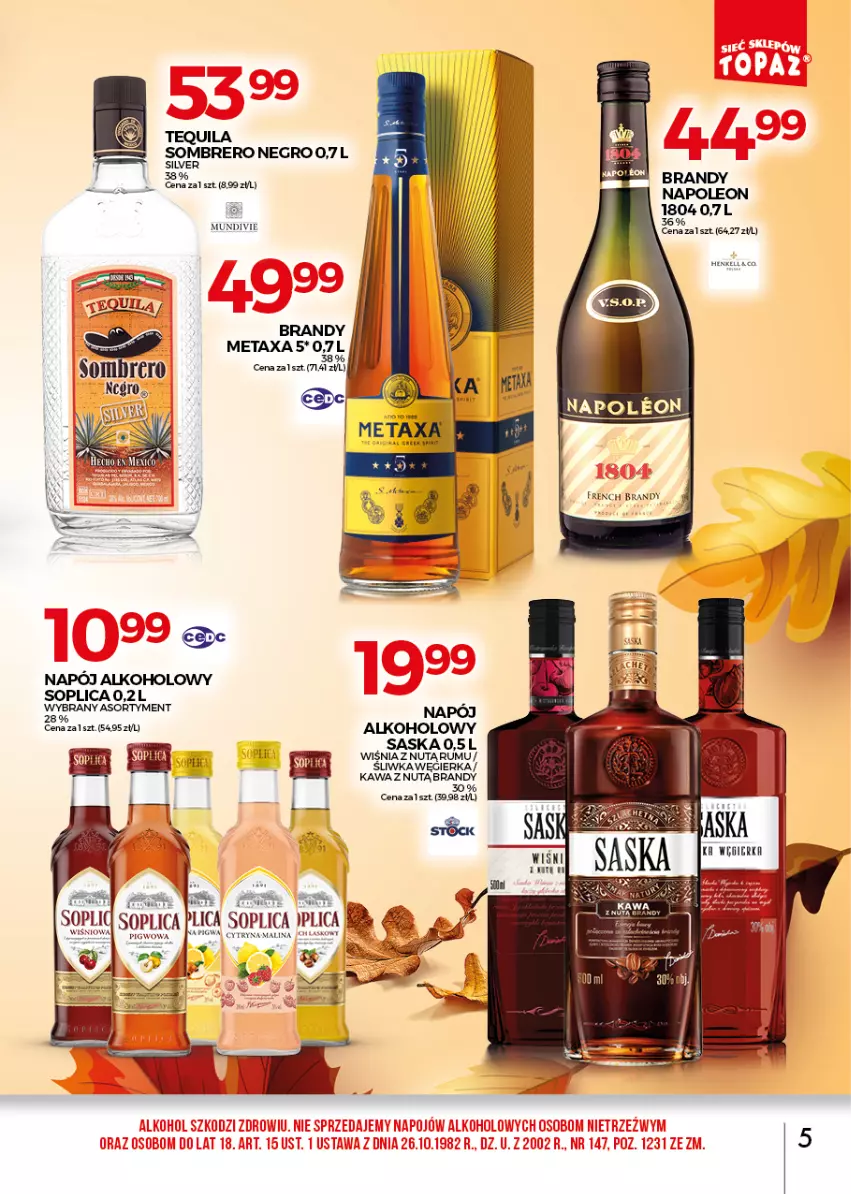 Gazetka promocyjna Topaz - Gazetka - ważna 01.11 do 30.11.2021 - strona 5 - produkty: Brandy, Kawa, Leon, Metaxa, Napój, Oleo, Rum, Saska, Tequila