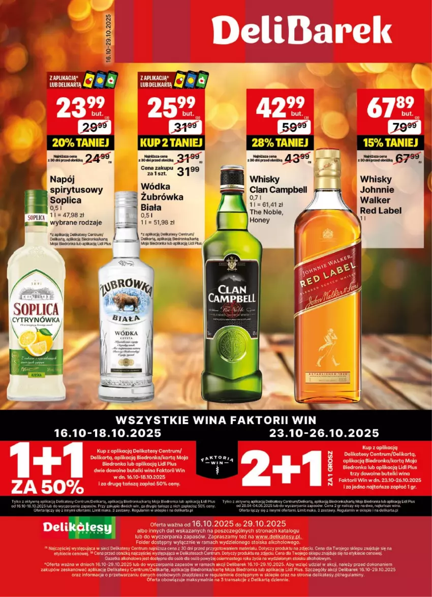 Gazetka promocyjna Delikatesy Centrum - Delibarek DC42-DC43 - ważna 16.10 do 29.10.2025 - strona 1 - produkty: Bell, Dron, Fa, Napój, Rum, Soplica, Whisky, Wódka