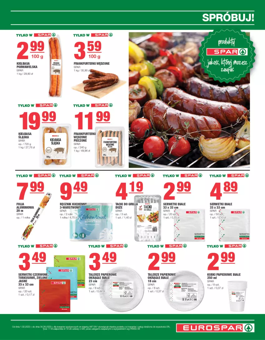 Gazetka promocyjna Spar - EuroSpar - ważna 11.06 do 21.06.2023 - strona 5 - produkty: Fa, Frankfurterki, Grill, Kiełbasa, Papier, Piec, Ręcznik, Ręcznik kuchenny, Rolki, Ser, Serwetki, Sok, Talerz, Wawel