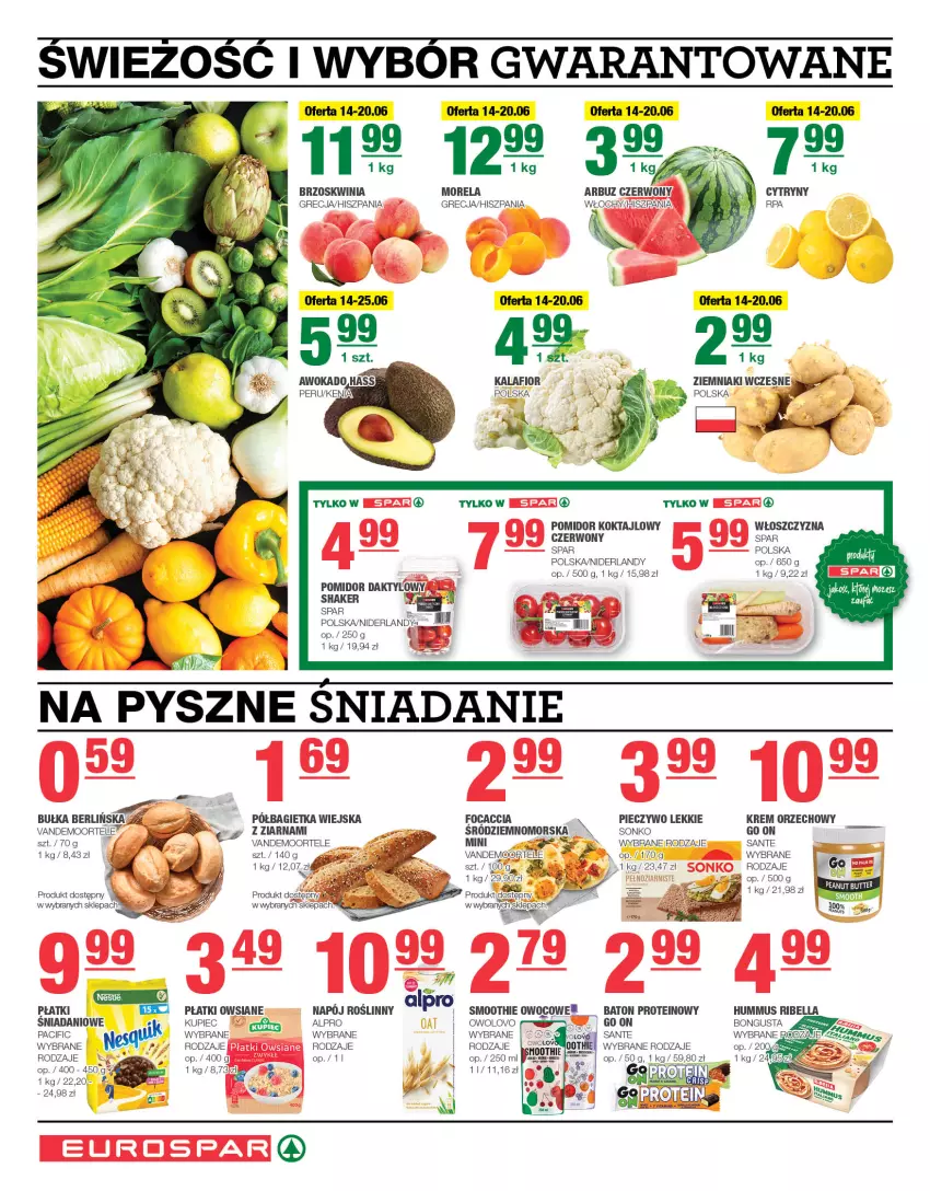 Gazetka promocyjna Spar - EuroSpar - ważna 11.06 do 21.06.2023 - strona 6 - produkty: Alpro, Arbuz, Bagietka, Baton, Bell, Bella, Bułka, Cif, Danio, Fa, Focaccia, Hummus, Kalafior, Krem orzechowy, Kupiec, Morela, Mus, Piec, Pieczywo, Płatki owsiane, Półbagietka, Sante, Smoothie, Sonko, Ziemniaki