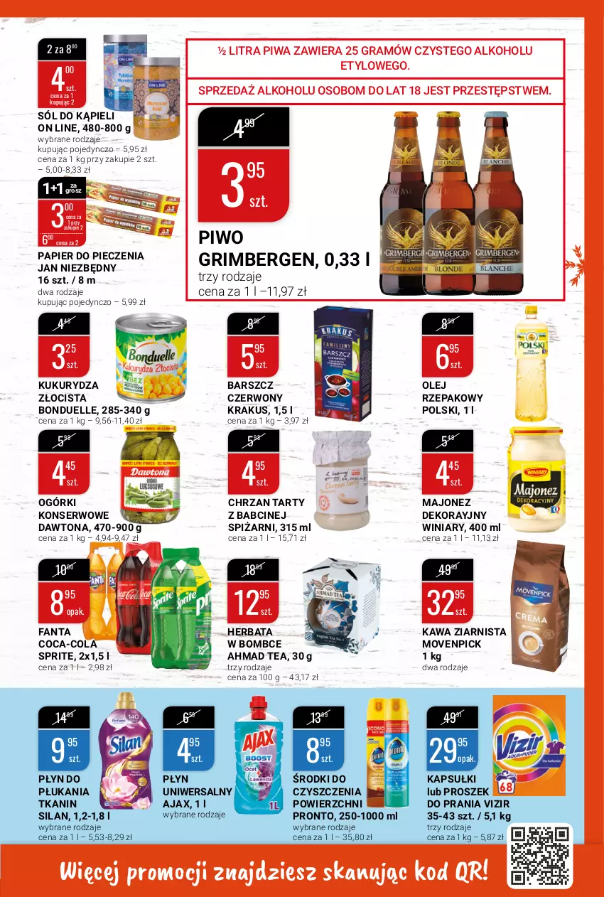 Gazetka promocyjna Bi1 - Wyjątkowe chwile - ważna 08.12 do 14.12.2021 - strona 5 - produkty: Ajax, Bonduelle, Chrzan, Coca-Cola, Dawtona, Fa, Fanta, Gra, Herbata, Jan Niezbędny, Kawa, Kawa ziarnista, Krakus, Kukurydza, Majonez, Ogórki konserwowe, Olej, Olej rzepakowy, Papier, Papier do pieczenia, Piec, Piwa, Piwo, Płyn do płukania, Pronto, Proszek do prania, Ser, Silan, Sól, Sól do kąpieli, Sprite, Vizir, Winiary