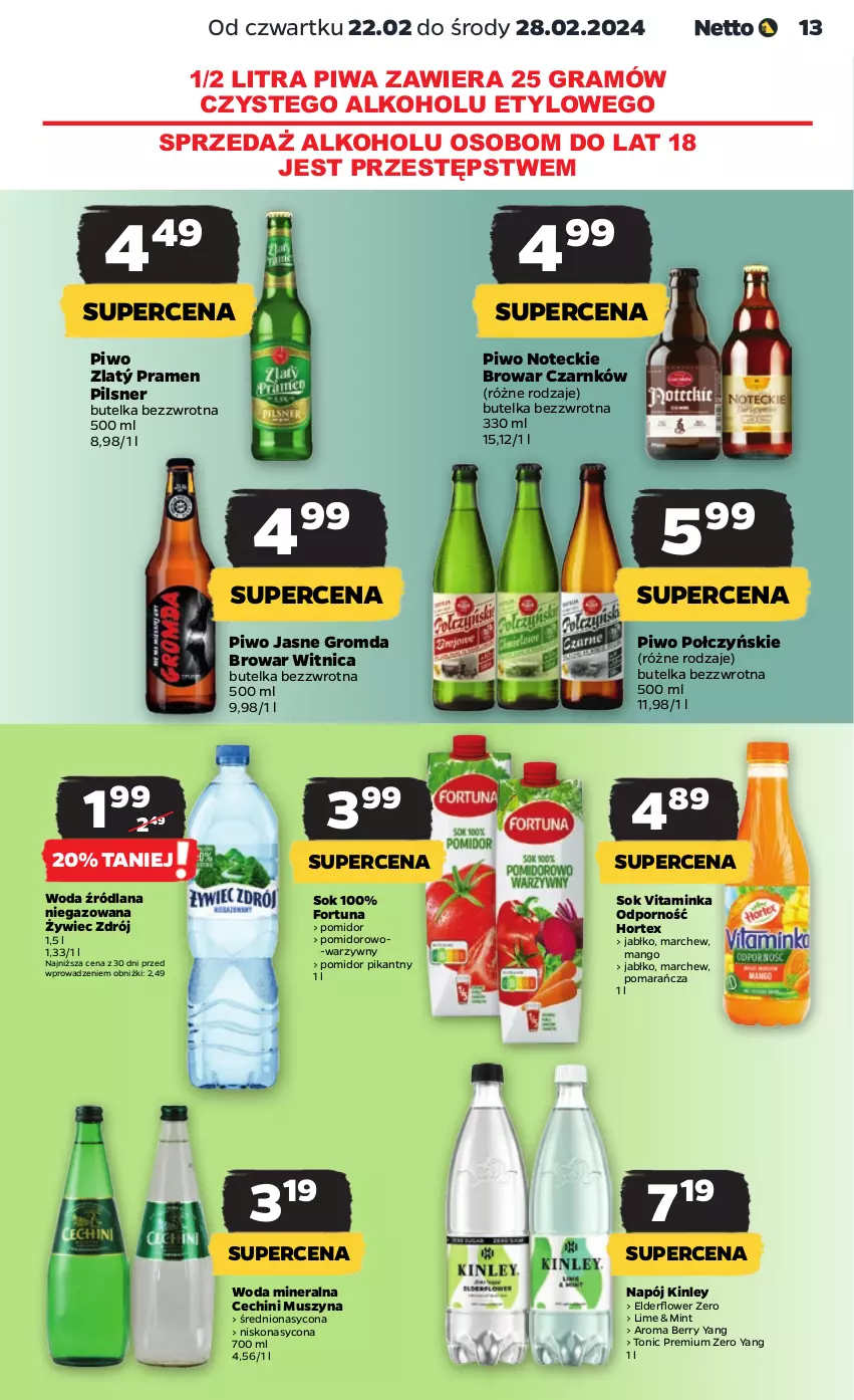 Gazetka promocyjna Netto - Artykuły spożywcze - ważna 22.02 do 28.02.2024 - strona 13 - produkty: Fortuna, Gra, Hortex, Inka, LANA, Mango, Mus, Napój, Piwa, Piwo, Piwo jasne, Por, Sok, Szyna, Woda, Woda mineralna