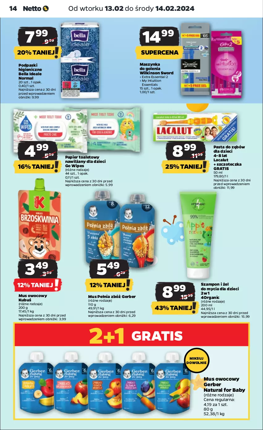 Gazetka promocyjna Netto - Artykuły spożywcze - ważna 22.02 do 28.02.2024 - strona 14 - produkty: Bell, Bella, Dzieci, Gerber, Gra, Kubuś, Lacalut, Maszynka, Maszynka do golenia, Mus, Papier, Papier toaletowy, Pasta do zębów, Podpaski, Szampon, Szczoteczka, Szynka, Wilkinson Sword