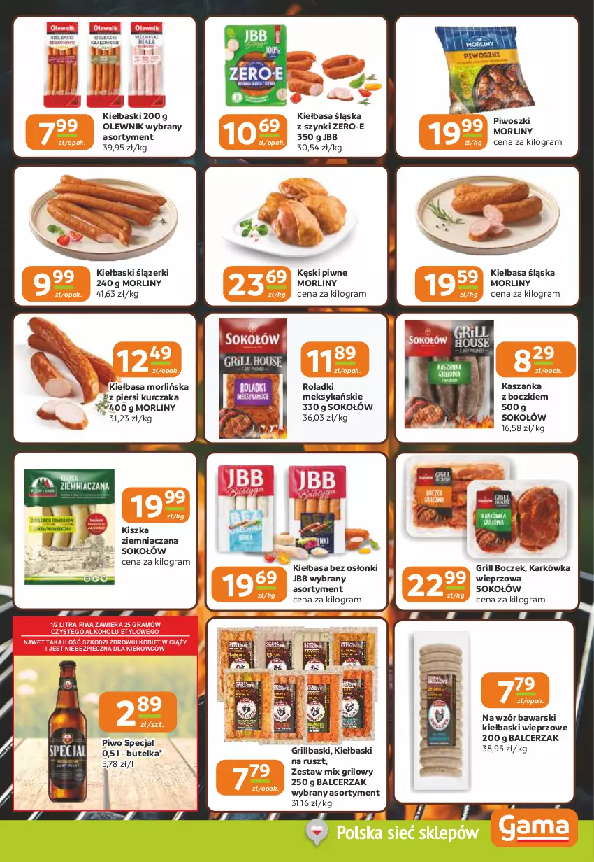 Gazetka promocyjna Gama - Gazetka Gama - ważna 23.04 do 05.05.2026 - strona 3 - produkty: Boczek, Gra, Grill, Karkówka wieprzowa, Kasza, Kaszanka, Kęski piwne, Kiełbasa, Kiełbasa śląska, Kurczak, Morliny, Olewnik, Piec, Piwa, Piwo, Sok, Sokołów