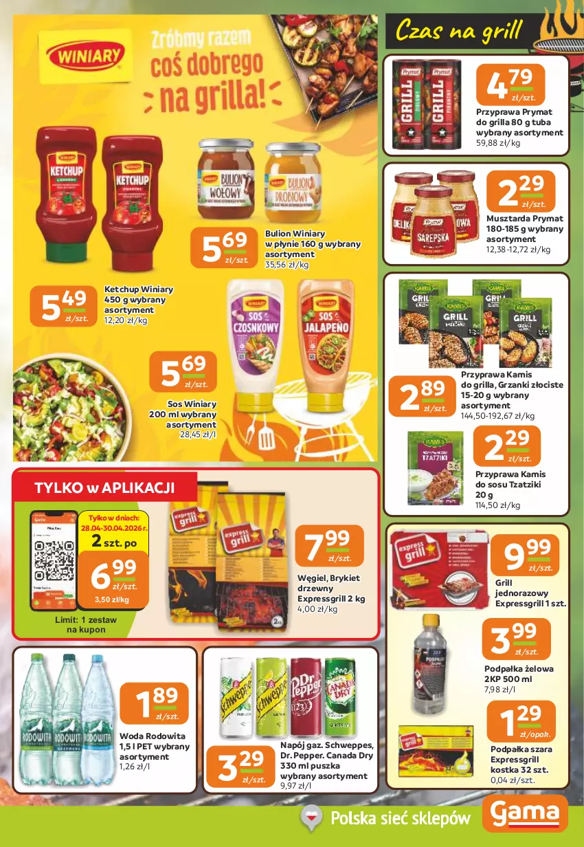 Gazetka promocyjna Gama - Gazetka Gama - ważna 23.04 do 05.05.2026 - strona 9 - produkty: Brykiet drzewny, Bulion, Grill, Kamis, Ketchup, Lion, Mus, Musztarda, Napój, Prymat, Schweppes, Sos, Winiary, Woda
