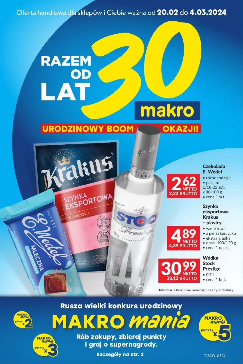 Gazetka promocyjna Makro - Oferta dla Twojego biznesu - oferta z alkoholem - ważna 20.02 do 04.03.2024 - strona 1 - produkty: Czekolada, E. Wedel, Gra, Krakus, Kurczak, Por, Sport, Stock, Szynka, Wódka