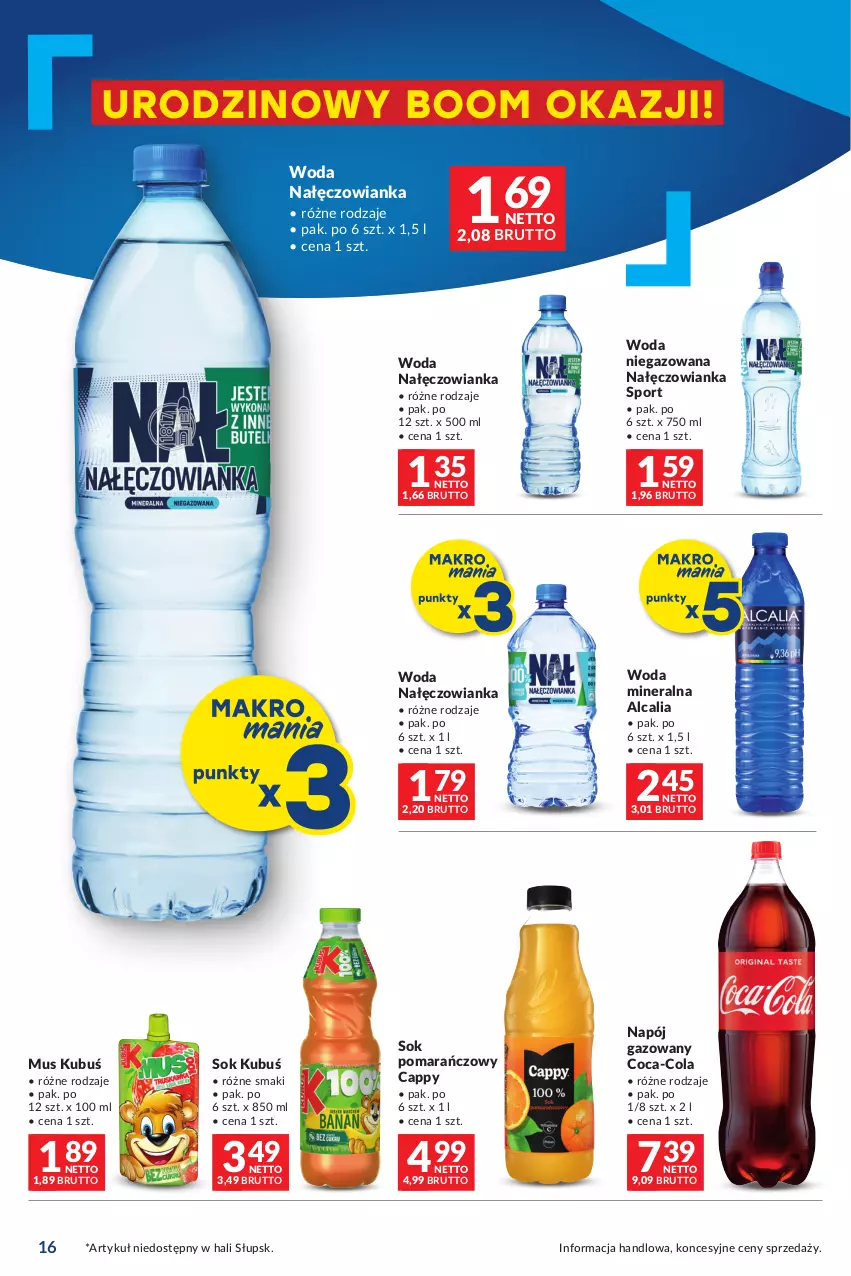 Gazetka promocyjna Makro - Oferta dla Twojego biznesu - oferta z alkoholem - ważna 20.02 do 04.03.2024 - strona 16 - produkty: Cappy, Coca-Cola, Kubuś, Mus, Nałęczowianka, Napój, Napój gazowany, Por, Sok, Sok pomarańczowy, Sport, Woda, Woda mineralna, Woda niegazowana