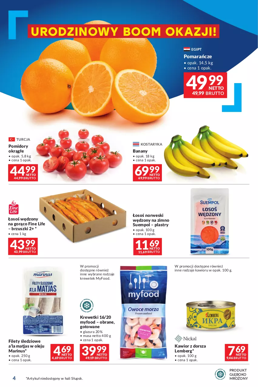 Gazetka promocyjna Makro - Oferta dla Twojego biznesu - oferta z alkoholem - ważna 20.02 do 04.03.2024 - strona 4 - produkty: Banany, Dorsz, Glazura, Kawior, Krewetki, Lazur, Matjas, Olej, Pomarańcze, Pomidory, Suempol