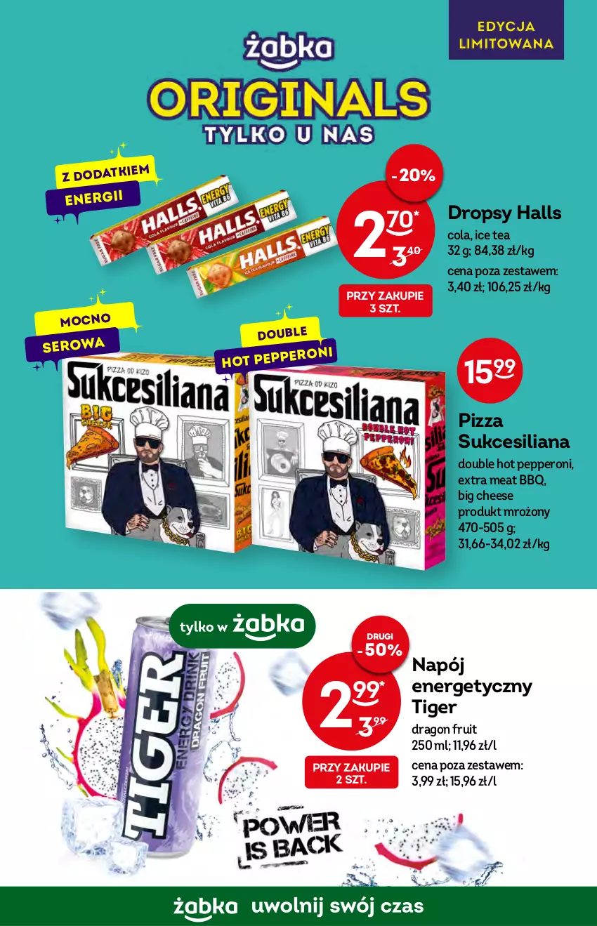 Gazetka promocyjna Żabka - ważna 19.10 do 25.10.2022 - strona 22 - produkty: Halls, Ice tea, Napój, Napój energetyczny, Pizza, Ser, Tiger