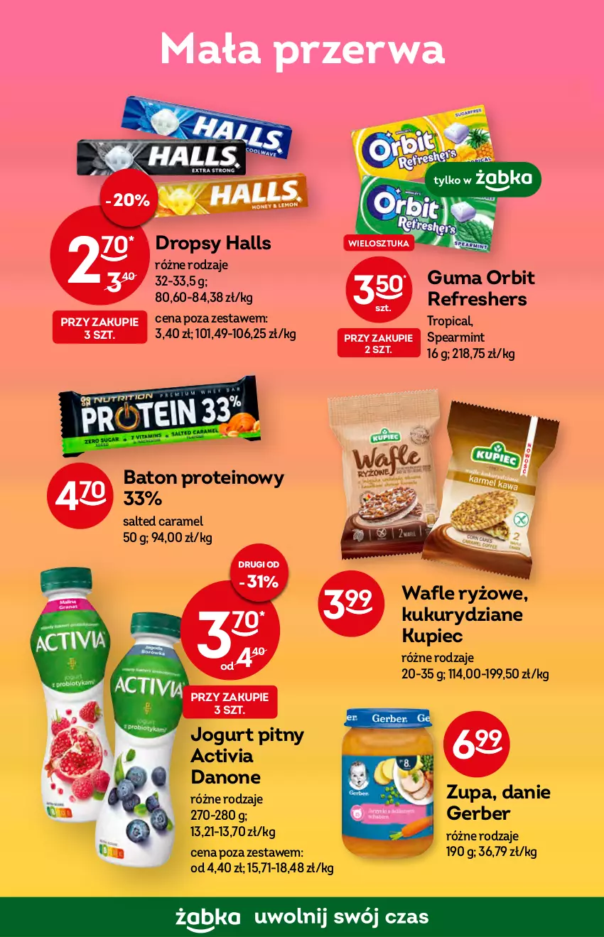 Gazetka promocyjna Żabka - ważna 19.10 do 25.10.2022 - strona 33 - produkty: Activia, Baton, Danone, Gerber, Halls, Jogurt, Jogurt pitny, Kupiec, Orbit, Piec, Ryż, Tropical, Wafle, Zupa