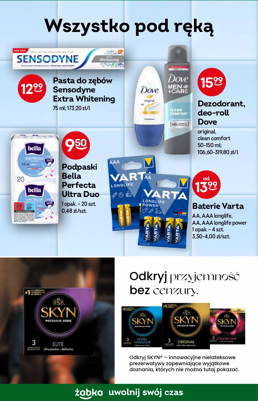 Gazetka promocyjna Żabka - ważna 19.10 do 25.10.2022 - strona 42 - produkty: Bell, Bella, Dezodorant, Dove, Gin, Pasta do zębów, Perfecta, Podpaski, Sensodyne, Varta