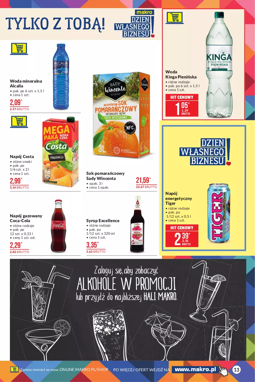 Gazetka promocyjna Makro - [Oferta promocyjna] Artykuły spożywcze - ważna 05.10 do 18.10.2021 - strona 13 - produkty: Coca-Cola, Napój, Napój energetyczny, Napój gazowany, Sok, Sok pomarańczowy, Syrop, Tiger, Woda, Woda mineralna