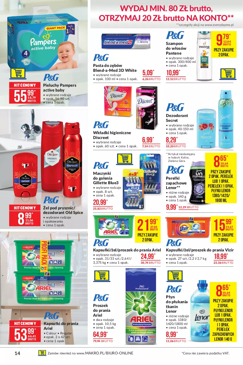 Gazetka promocyjna Makro - [Oferta promocyjna] Artykuły spożywcze - ważna 09.03 do 22.03.2021 - strona 14 - produkty: Ariel, Biuro, Blend-a-Med, Dezodorant, Discreet, Gillette, Kapsułki do prania, Lenor, Old Spice, Pampers, Pantene, Pasta do zębów, Perełki zapachowe, Pieluchy, Płyn do płukania, Proszek do prania, Szampon, Vizir, Wkładki