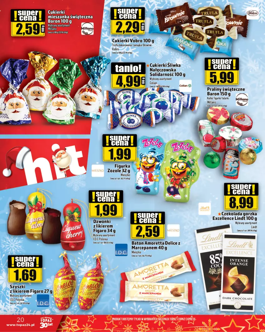 Gazetka promocyjna Topaz - Gazetka - ważna 14.12 do 20.12.2023 - strona 20 - produkty: Baton, Cukier, Cukierki, Lindt, Praliny