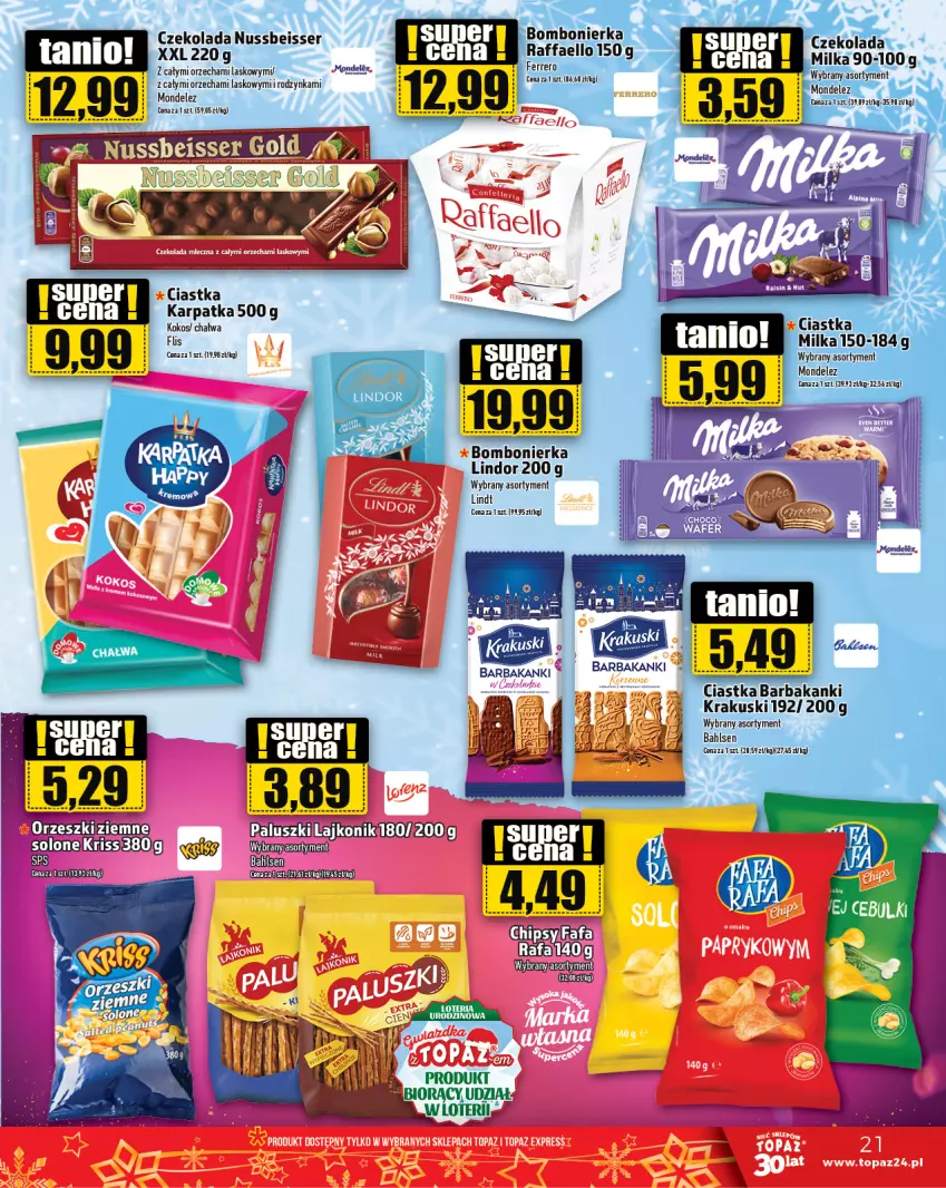 Gazetka promocyjna Topaz - Gazetka - ważna 14.12 do 20.12.2023 - strona 21 - produkty: Chałwa, Ciastka, Czekolada, Fa, Karp, Kokos, Lindor, Lindt, Milka, Ser