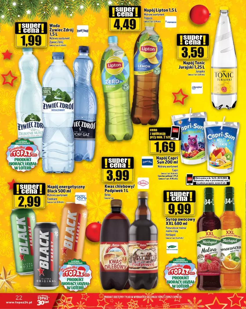 Gazetka promocyjna Topaz - Gazetka - ważna 14.12 do 20.12.2023 - strona 22 - produkty: Chleb, Fa, Herbapol, Lack, Lipton, Mus, Napój, Napój energetyczny, Pepsi, Syrop