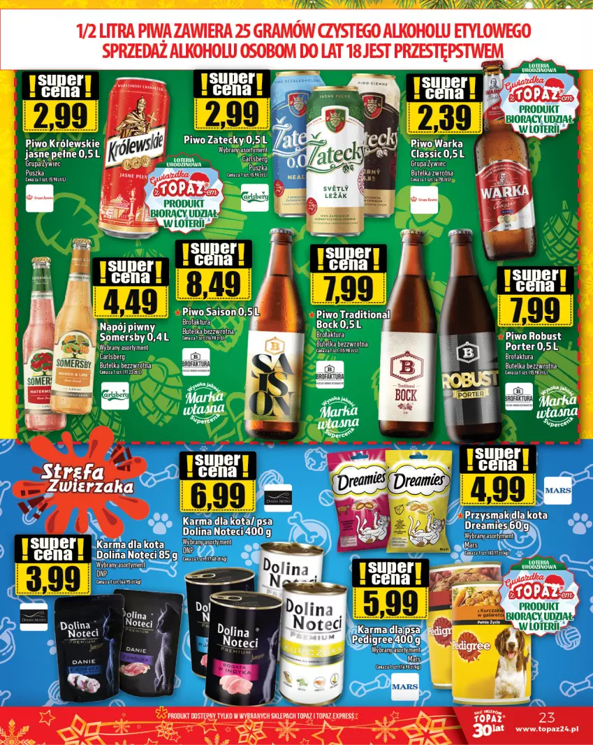 Gazetka promocyjna Topaz - Gazetka - ważna 14.12 do 20.12.2023 - strona 23 - produkty: Carlsberg, Fa, Gra, Królewski, Napój, Piwa, Piwo, Por, Somersby, Top, Warka