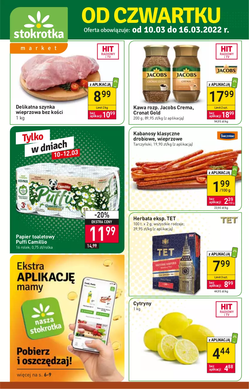 Gazetka promocyjna Stokrotka - Market - ważna 10.03 do 16.03.2022 - strona 1 - produkty: Cytryny, Herbata, Jacobs, Kabanos, Kawa, Papier, Papier toaletowy, Puf, Szynka, Szynka wieprzowa, Tarczyński