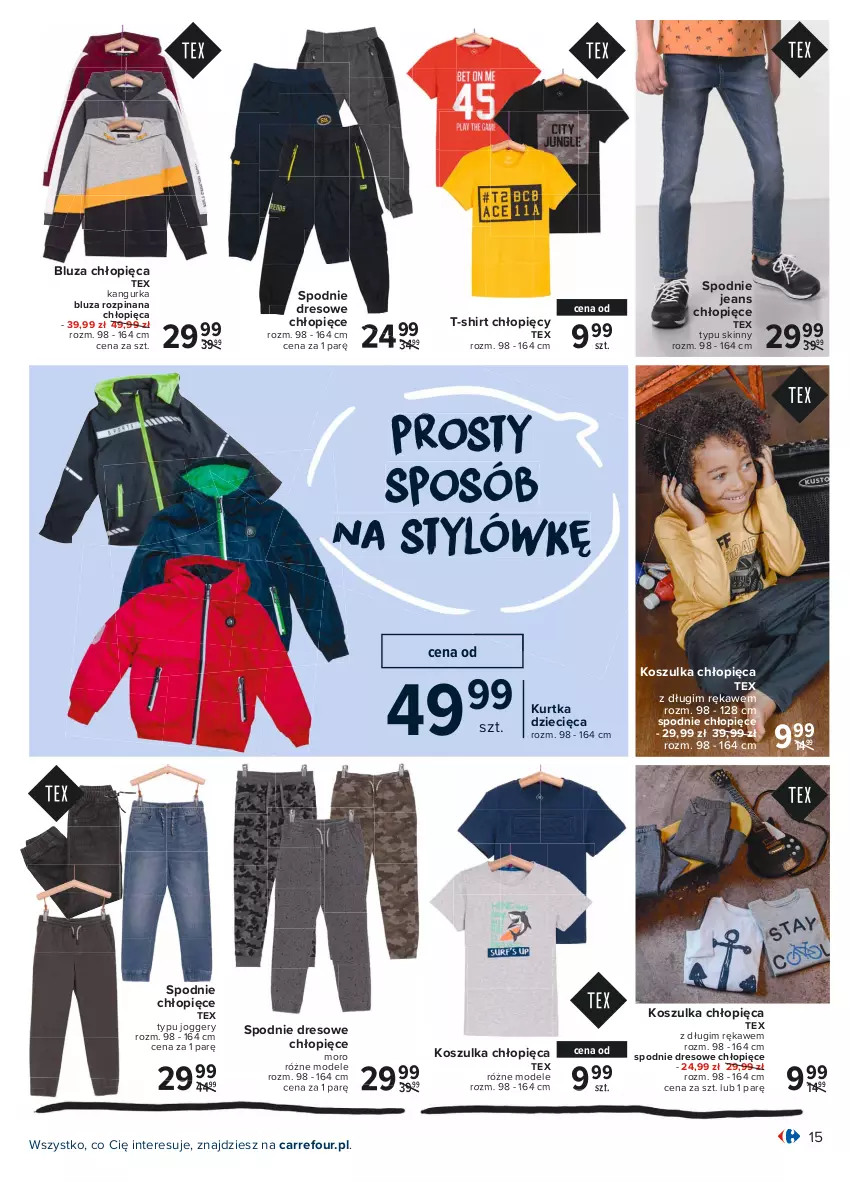 Gazetka promocyjna Carrefour - Gazetka Wyznaczaj wiosenne trendy - ważna 05.04 do 17.04.2021 - strona 15 - produkty: Bluza, Dres, Dzieci, Kosz, Koszulka, Kurtka, Kurtka dziecięca, Spodnie, Spodnie dresowe, Spodnie jeans, T-shirt