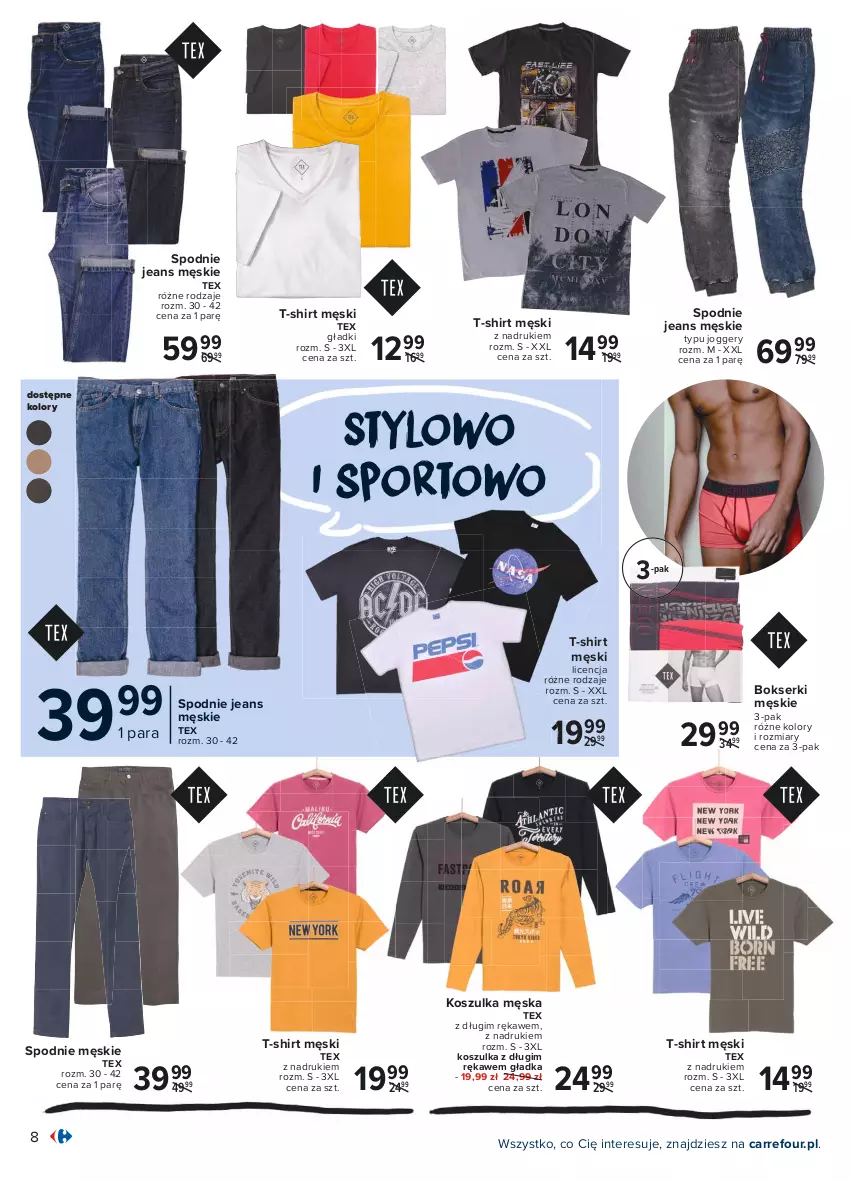 Gazetka promocyjna Carrefour - Gazetka Wyznaczaj wiosenne trendy - ważna 05.04 do 17.04.2021 - strona 8 - produkty: Bokserki, Kosz, Koszulka, Por, Ser, Spodnie, Spodnie jeans, Sport, T-shirt