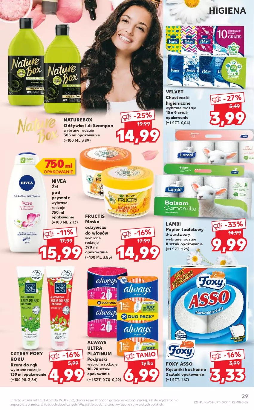 Gazetka promocyjna Kaufland - OFERTA TYGODNIA - ważna 13.01 do 19.01.2022 - strona 29 - produkty: Always, Always Ultra, Chusteczki, Foxy, Fructis, Krem do rąk, Maska, Nivea, Odżywka, Papier, Papier toaletowy, Podpaski, Por, Ręcznik, Szampon, Velvet