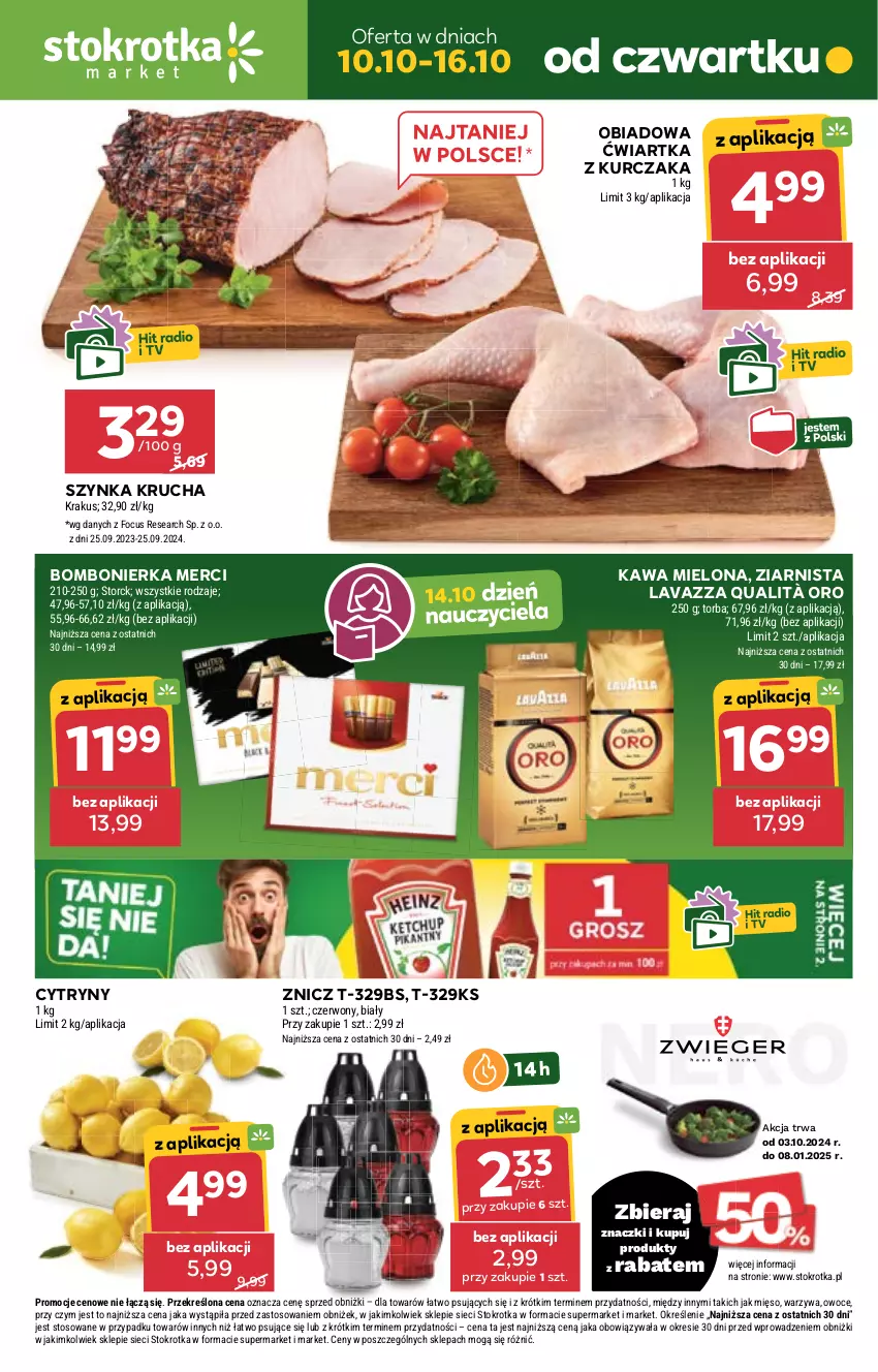 Gazetka promocyjna Stokrotka - Market - ważna 10.10 do 16.10.2024 - strona 1 - produkty: Cytryny, Kawa, Kawa mielona, Krakus, Kurczak, Lavazza, Merci, Mięso, Owoce, Szynka, Torba, Warzywa, Znicz