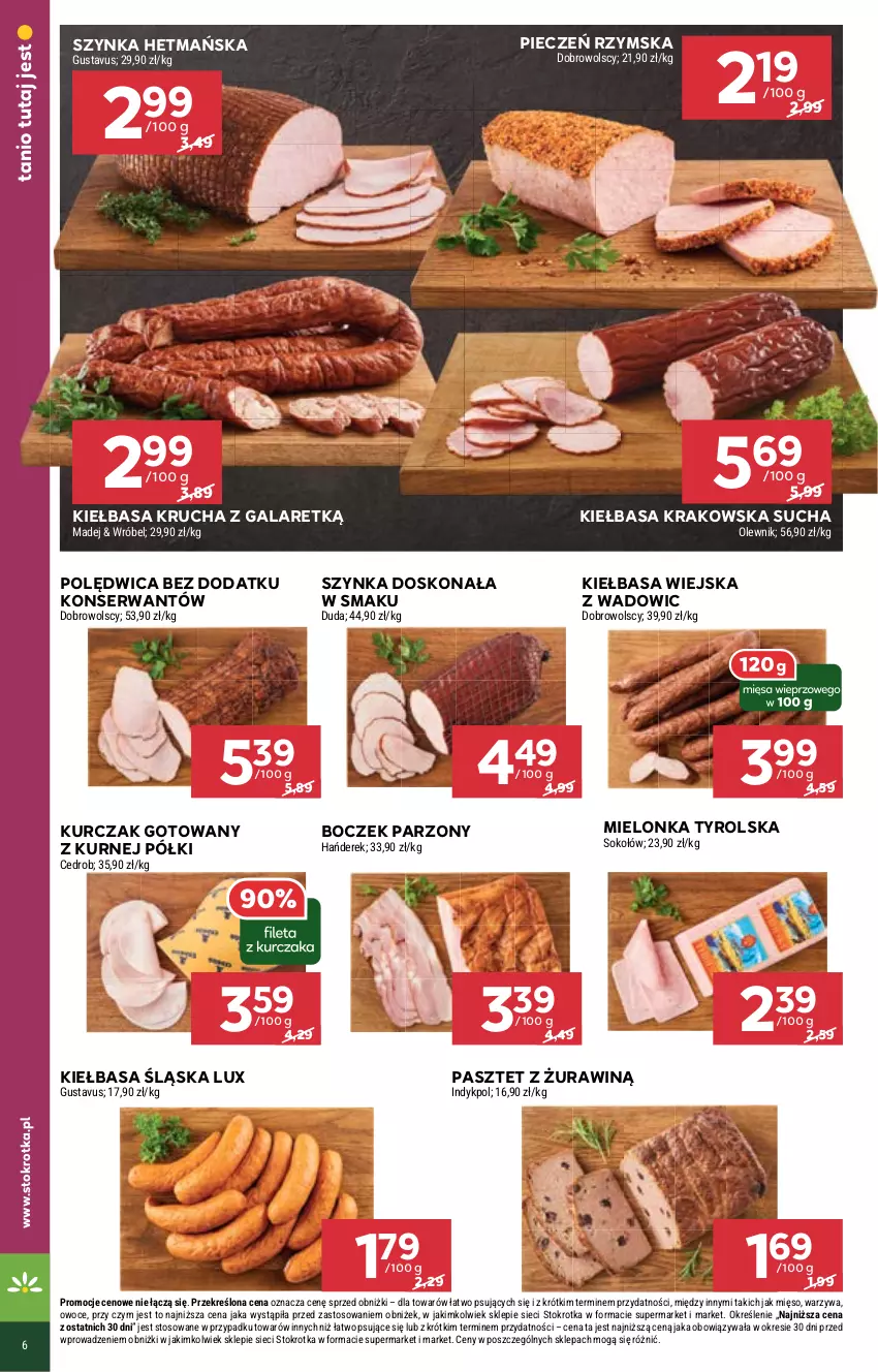 Gazetka promocyjna Stokrotka - Market - ważna 10.10 do 16.10.2024 - strona 6 - produkty: Boczek, Duda, Gala, Kiełbasa, Kiełbasa krakowska, Kiełbasa krucha, Kiełbasa śląska, Kiełbasa wiejska, Kurczak, Kurczak gotowany, Mielonka tyrolska, Mięso, Olewnik, Owoce, Pasztet, Piec, Pieczeń rzymska, Polędwica, Ser, Sok, Sokołów, Szynka, Warzywa