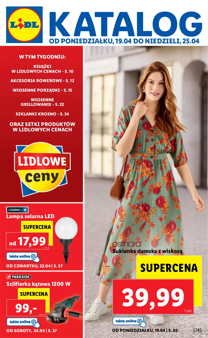 Gazetka promocyjna Lidl - GAZETKA - ważna 19.04 do 25.04.2021 - strona 1 - produkty: Grill, Lampa, Lanki, Por, Rower, Sukienka, Szlifierka, Szlifierka kątowa