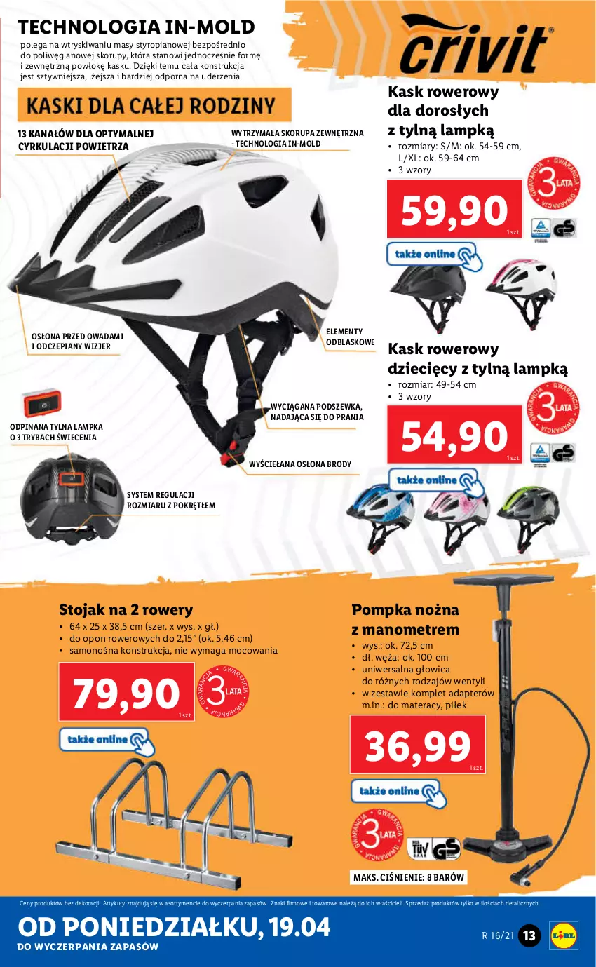 Gazetka promocyjna Lidl - GAZETKA - ważna 19.04 do 25.04.2021 - strona 13 - produkty: Dzieci, Kask, Materac, Noż, Pompka, Por, Rower, Ryba, Stojak, Tera