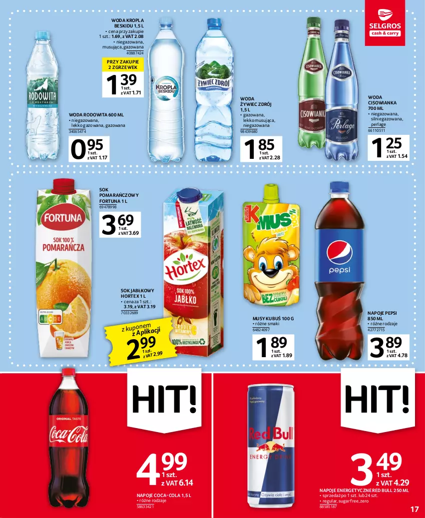 Gazetka promocyjna Selgros - Oferta spożywcza - ważna 02.03 do 15.03.2023 - strona 17 - produkty: Cisowianka, Coca-Cola, Fortuna, Hortex, Kubuś, Mus, Napoje, Pepsi, Red Bull, Sok, Sok jabłkowy, Sok pomarańczowy, Woda