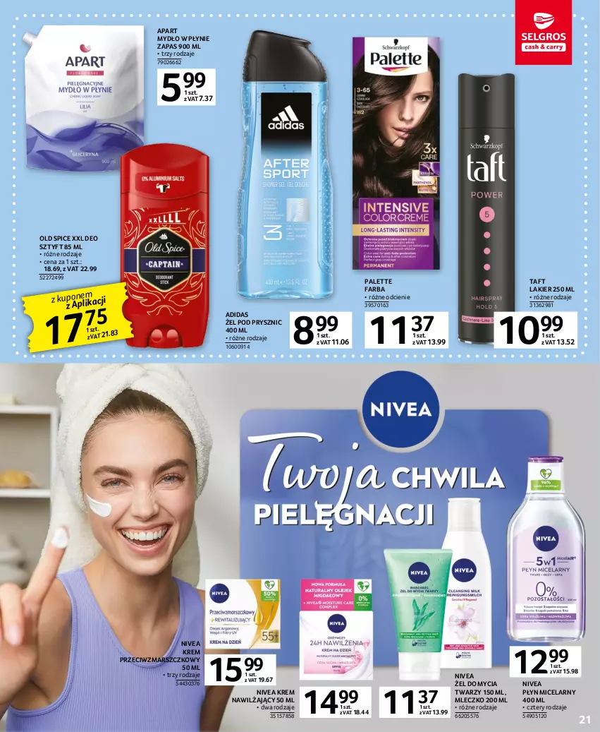 Gazetka promocyjna Selgros - Oferta spożywcza - ważna 02.03 do 15.03.2023 - strona 21 - produkty: Adidas, Fa, Krem nawilżający, Krem przeciwzmarszczkowy, Lakier, Mars, Mleczko, Mydło, Mydło w płynie, Nivea, Old Spice, Palette, Płyn micelarny, Taft