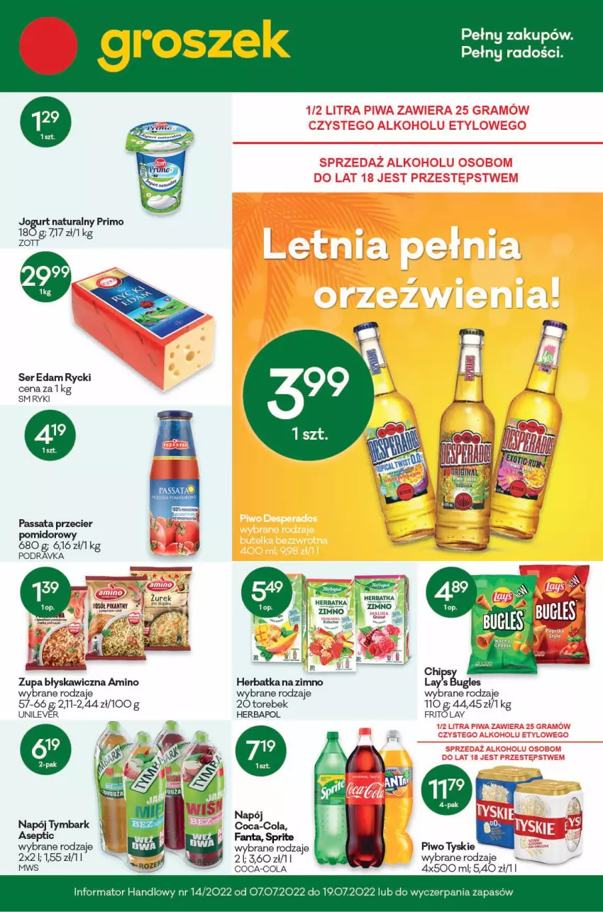 Gazetka promocyjna Groszek - ważna 23.06 do 05.07.2022 - strona 1 - produkty: Coca-Cola, Edam, Fa, Fanta, Herbapol, Jogurt, Jogurt naturalny, Napój, Piwo, Podravka, Ser, Sprite, Tymbark, Tyskie, Zott, Zupa