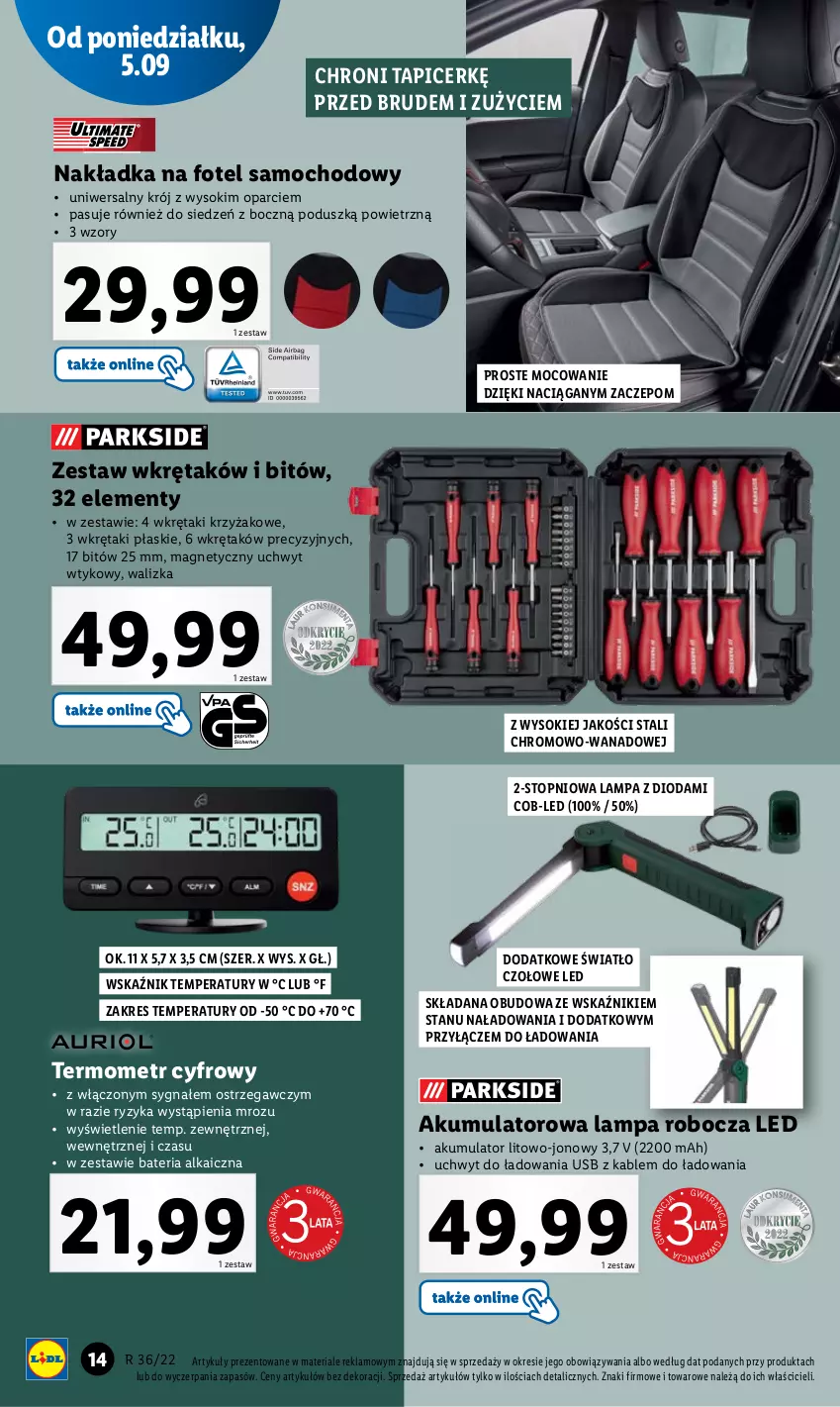 Gazetka promocyjna Lidl - GAZETKA - ważna 05.09 do 10.09.2022 - strona 14 - produkty: Akumulator, Bateria, Fotel, Lampa, Lampa robocza LED, Sok, Termometr, Top, Walizka, Wkręt, Zestaw wkrętaków