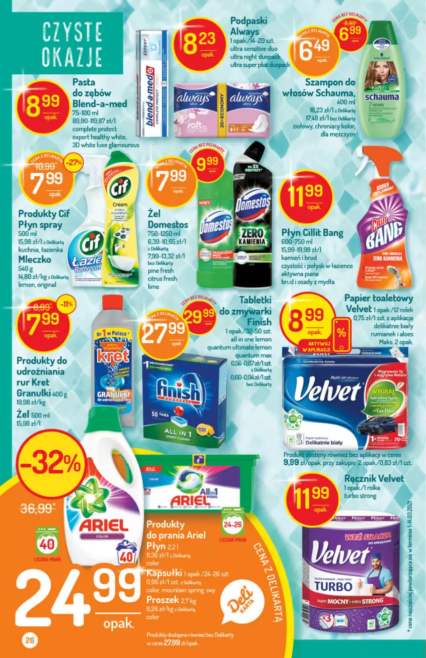 Gazetka promocyjna Delikatesy Centrum - Gazetka Delikatesy Centrum - ważna 06.05 do 12.05.2021 - strona 26 - produkty: Blend-a-Med, Cif, Cillit Bang, Domestos, Gin, Gra, Kret, Kuchnia, Mleczko, Papier, Papier toaletowy, Schauma, Szampon, Tablet, Velvet