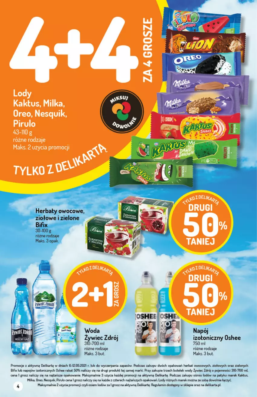 Gazetka promocyjna Delikatesy Centrum - Gazetka Delikatesy Centrum - ważna 06.05 do 12.05.2021 - strona 4 - produkty: Kaktus, Lody, Milka, Napój, Nesquik, Oreo, Oshee, Woda