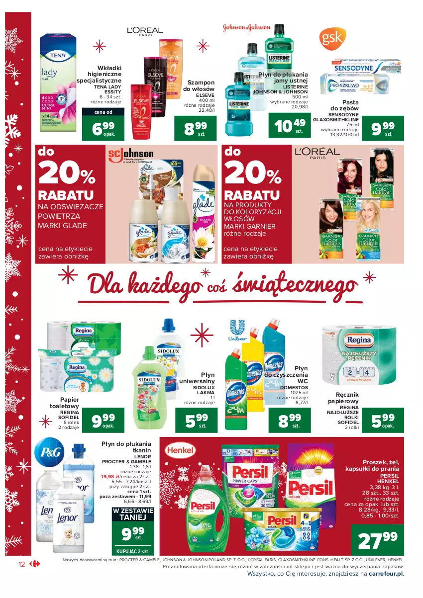 Gazetka promocyjna Carrefour - Gazetka Market - ważna 07.12 do 12.12.2021 - strona 12 - produkty: Domestos, Elseve, Garnier, Gin, Kapsułki do prania, Kosz, L’Oréal, Lenor, Listerine, Papier, Papier toaletowy, Pasta do zębów, Persil, Płyn do czyszczenia wc, Płyn do płukania, Płyn do płukania jamy ustnej, Ręcznik, Rolki, Sensodyne, Sidolux, Szampon, Wkładki