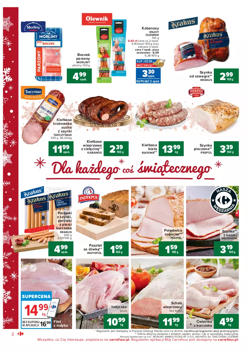 Gazetka promocyjna Carrefour - Gazetka Market - ważna 07.12 do 12.12.2021 - strona 2 - produkty: Boczek, Gra, Kabanos, Kiełbasa, Kiełbasa biała, Kiełbasa krakowska, Kosz, Krakus, Kurczak, Morliny, Olewnik, Parówki, Parówki z piersi kurczaka, Parówki z szynki, Pasztet, Pekpol, Piec, Polędwica, Schab wieprzowy, Ser, Szynka, Tarczyński, Tusz