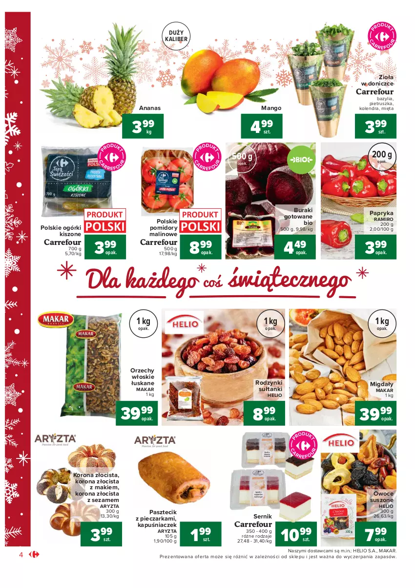 Gazetka promocyjna Carrefour - Gazetka Market - ważna 07.12 do 12.12.2021 - strona 4 - produkty: Ananas, Bazyl, Bazylia, Buraki, Helio, Kapuśniaczek, Kolendra, Mango, Mięta, Migdały, Orzechy włoskie, Owoce, Owoce suszone, Papryka, Pasztecik z pieczarkami, Piec, Pieczarka, Pietruszka, Pomidory, Rodzynki, Ser, Sezam, Zioła w doniczce