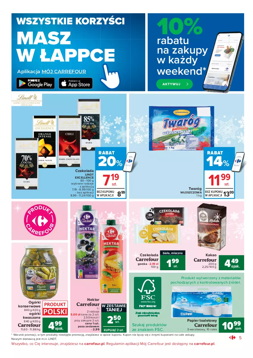 Gazetka promocyjna Carrefour - Gazetka Market - ważna 07.12 do 12.12.2021 - strona 5 - produkty: Czekolada, Kakao, Kosz, Lindt, Nektar, Ogórki konserwowe, Papier, Papier toaletowy, Ser, Twaróg