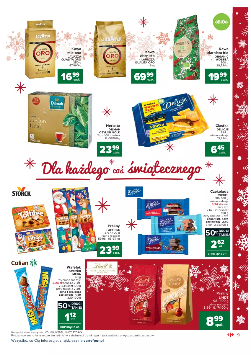 Gazetka promocyjna Carrefour - Gazetka Market - ważna 07.12 do 12.12.2021 - strona 9 - produkty: Ciastka, Czekolada, Delicje, Dilmah, Grześki, Herbata, Kawa, Kawa mielona, Kawa ziarnista, Kosz, Lavazza, Lindt, Praliny, Toffifee, Wafelek, Woseba