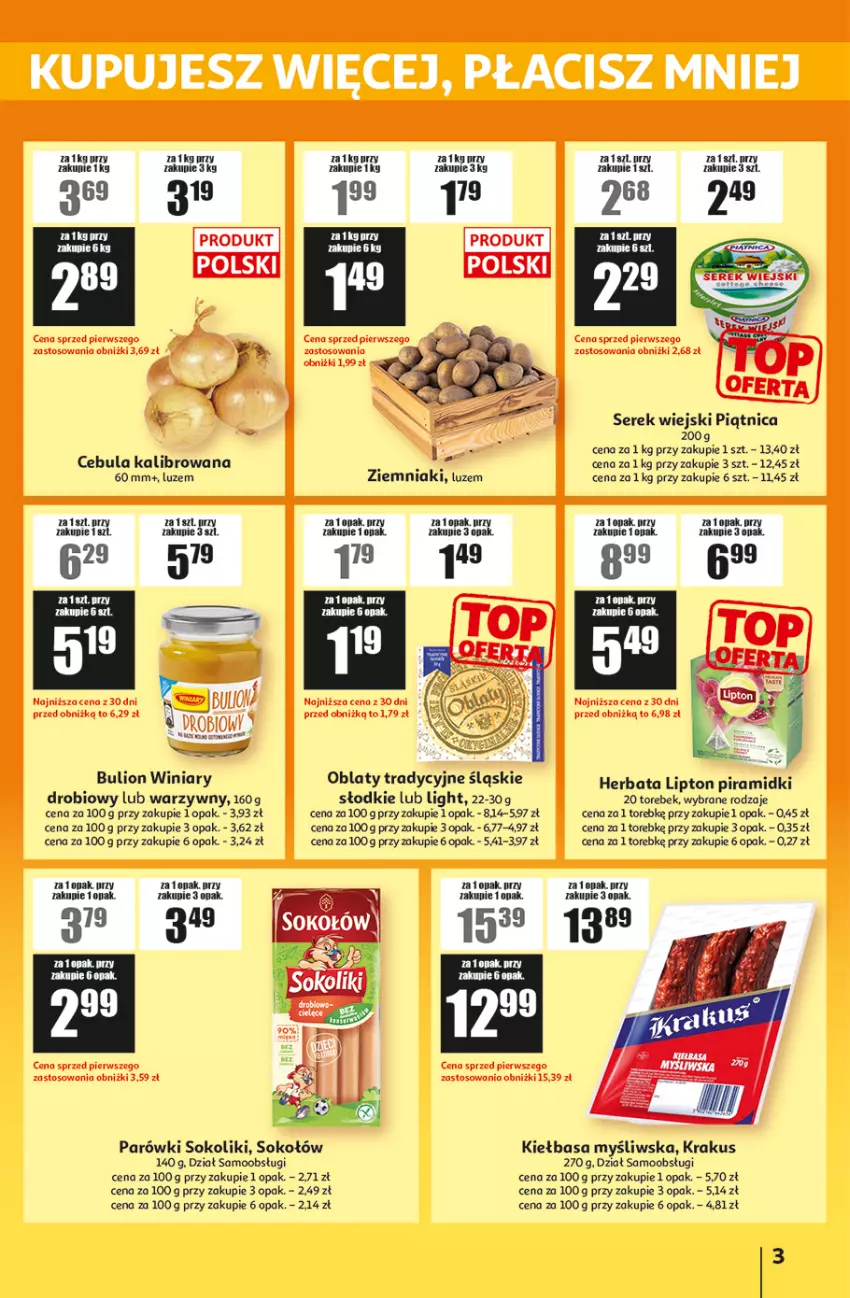 Gazetka promocyjna Auchan - Gazetka ATAC Hiper Discount - ważna 12.02 do 04.03.2026 - strona 3 - produkty: Bulion, Cebula, Fa, Herbata, Kiełbasa, Krakus, Lion, Lipton, Parówki, Parówki sokoliki, Piątnica, Ser, Serek, Serek wiejski, Sok, Sokołów, Winiary, Ziemniaki