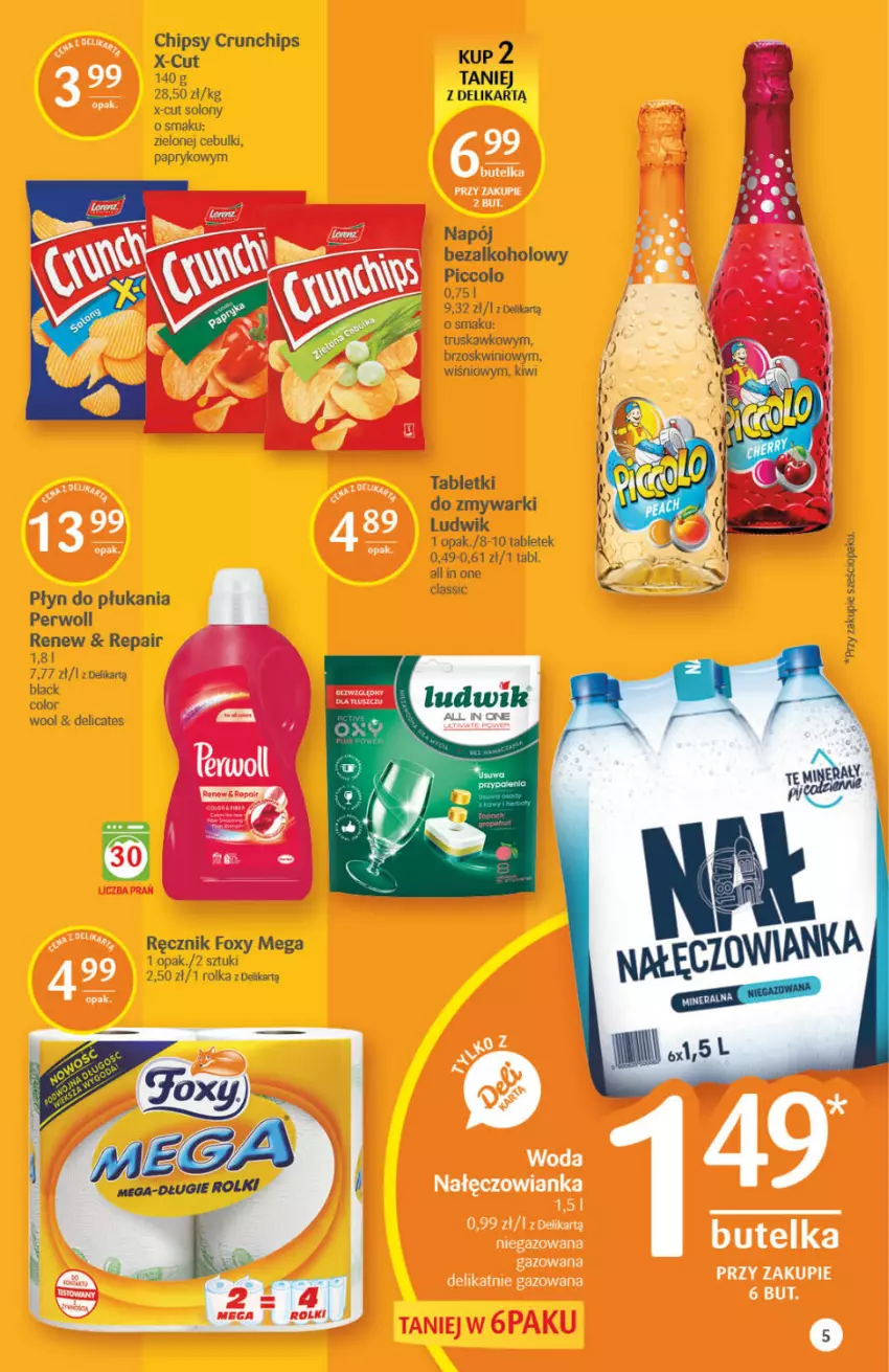 Gazetka promocyjna Delikatesy Centrum - Gazetka Delikatesy Centrum - ważna 26.08 do 01.09.2021 - strona 5 - produkty: Chipsy, Crunchips, Foxy, Kiwi, Lack, Ludwik, Nałęczowianka, Napój, Napój bezalkoholowy, Perwoll, Płyn do płukania, Ręcznik, Tablet, Zmywarki