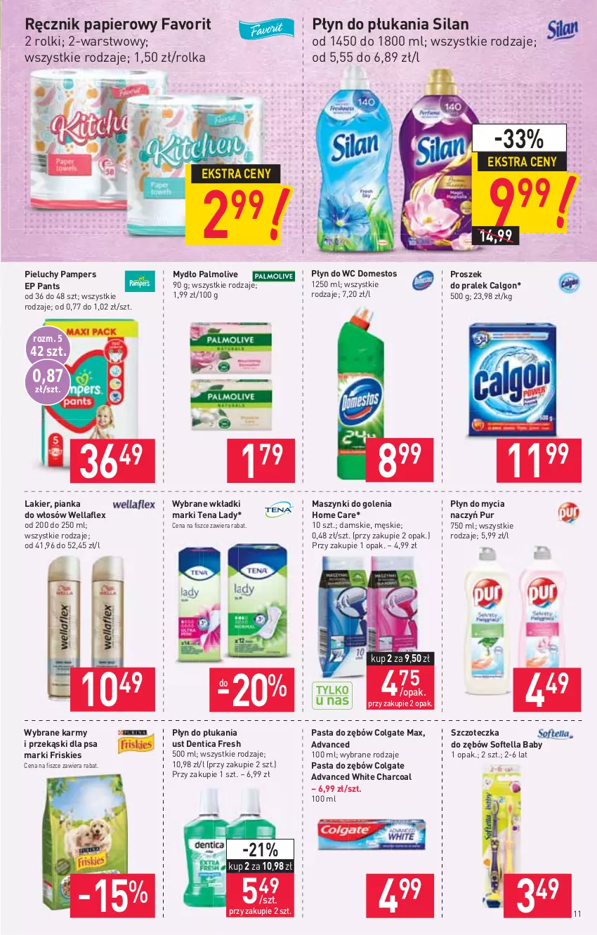 Gazetka promocyjna Stokrotka - Market - ważna 12.08 do 18.08.2021 - strona 11 - produkty: Calgon, Colgate, Do mycia naczyń, Domestos, Fa, Friskies, Lakier, LG, Mydło, Palmolive, Pampers, Papier, Pasta do zębów, Pianka do włosów, Pieluchy, Płyn do mycia, Płyn do mycia naczyń, Płyn do płukania, Płyn do wc, Przekąski dla psa, Pur, Ręcznik, Rolki, Silan, Szczoteczka, Szczoteczka do zębów, Wella, Wellaflex, Wkładki