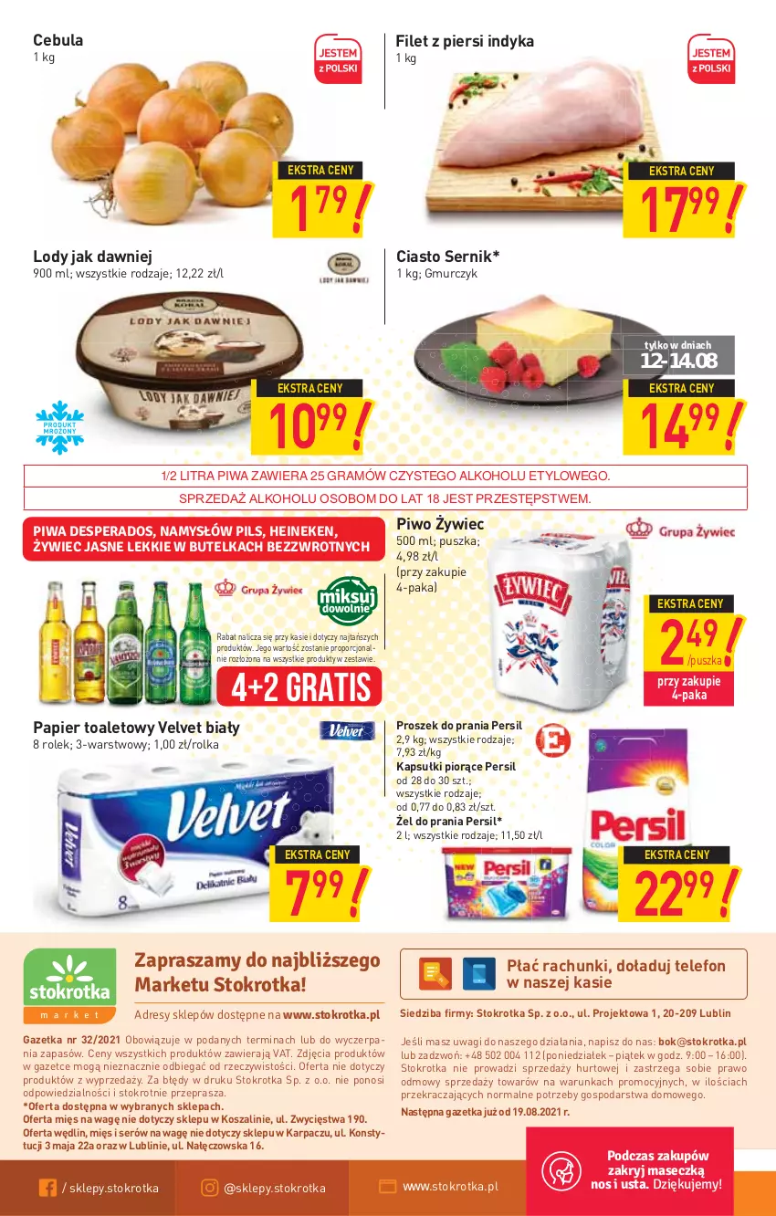 Gazetka promocyjna Stokrotka - Market - ważna 12.08 do 18.08.2021 - strona 12 - produkty: Cebula, Ciasto sernik, Filet z piersi indyka, Gra, Karp, Kosz, Lody, O nas, Papier, Papier toaletowy, Persil, Piwa, Piwo, Por, Proszek do prania, Ser, Szal, Telefon, Velvet, Wagi