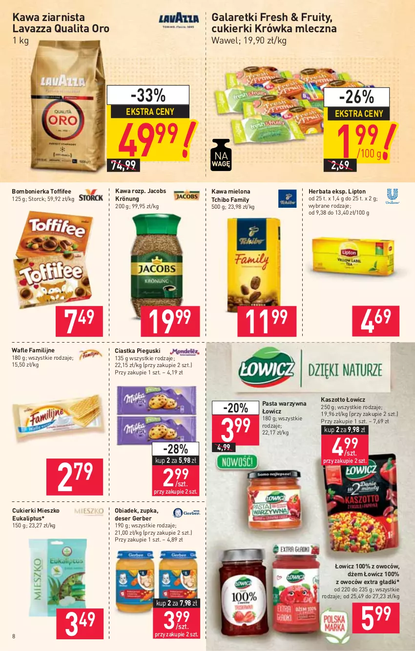 Gazetka promocyjna Stokrotka - Market - ważna 12.08 do 18.08.2021 - strona 8 - produkty: Ciastka, Cukier, Cukierki, Deser, Dżem, Fa, Gala, Galaretki, Gerber, Herbata, Jacobs, Jacobs Krönung, Kawa, Kawa mielona, Kawa ziarnista, Lavazza, Lipton, Pasta warzywna, Ser, Tchibo, Tchibo Family, Toffifee, Wafle, Wawel, Zott