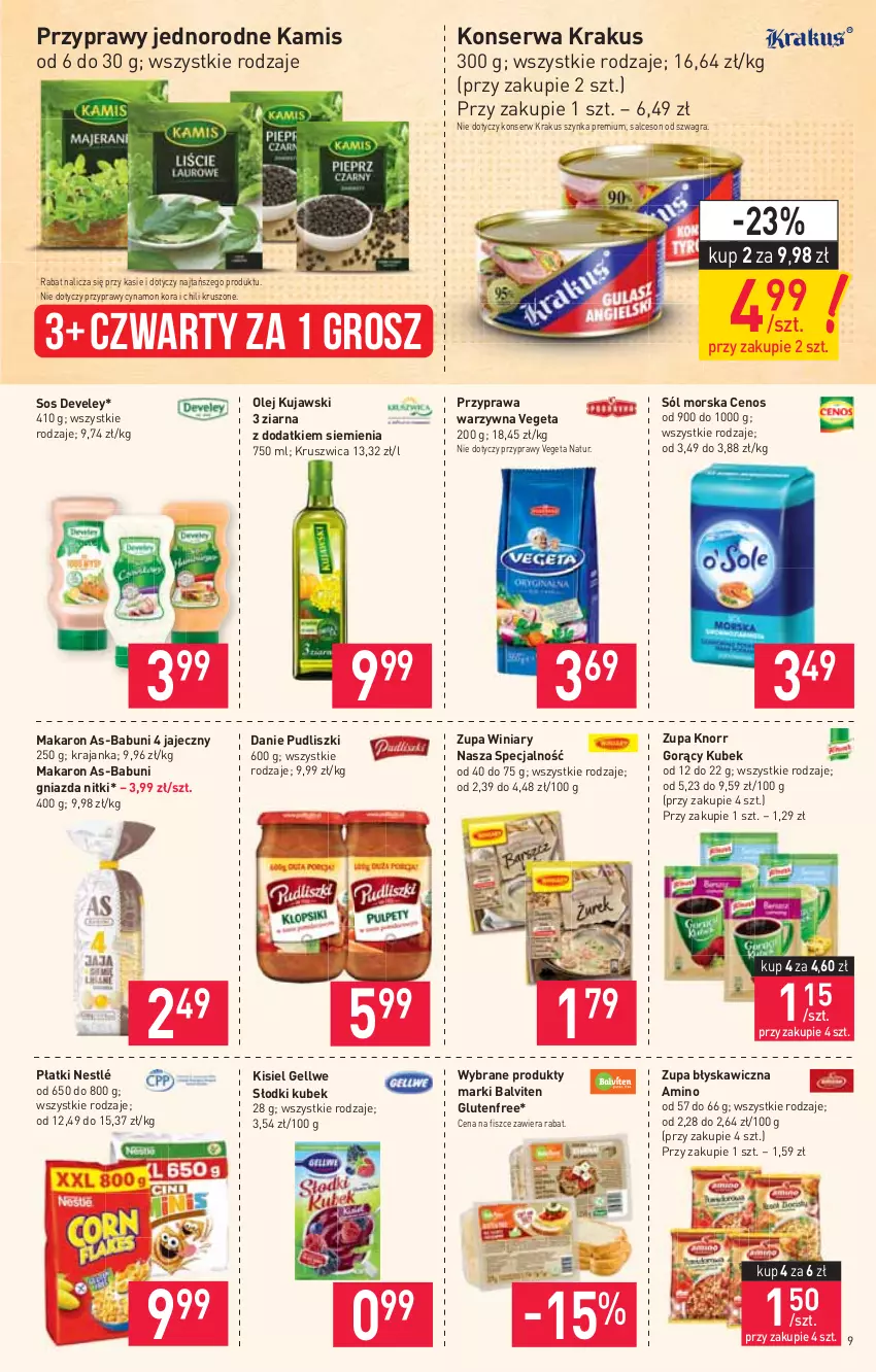 Gazetka promocyjna Stokrotka - Market - ważna 12.08 do 18.08.2021 - strona 9 - produkty: Babuni, Cenos, Gra, Kamis, Kisiel, Knorr, Krakus, Kubek, Kujawski, Makaron, Nestlé, Olej, Przyprawy, Pudliszki, Salceson, Ser, Sól, Sos, Szynka, Szynka premium, Vegeta, Vegeta Natur, Winiary, Zupa