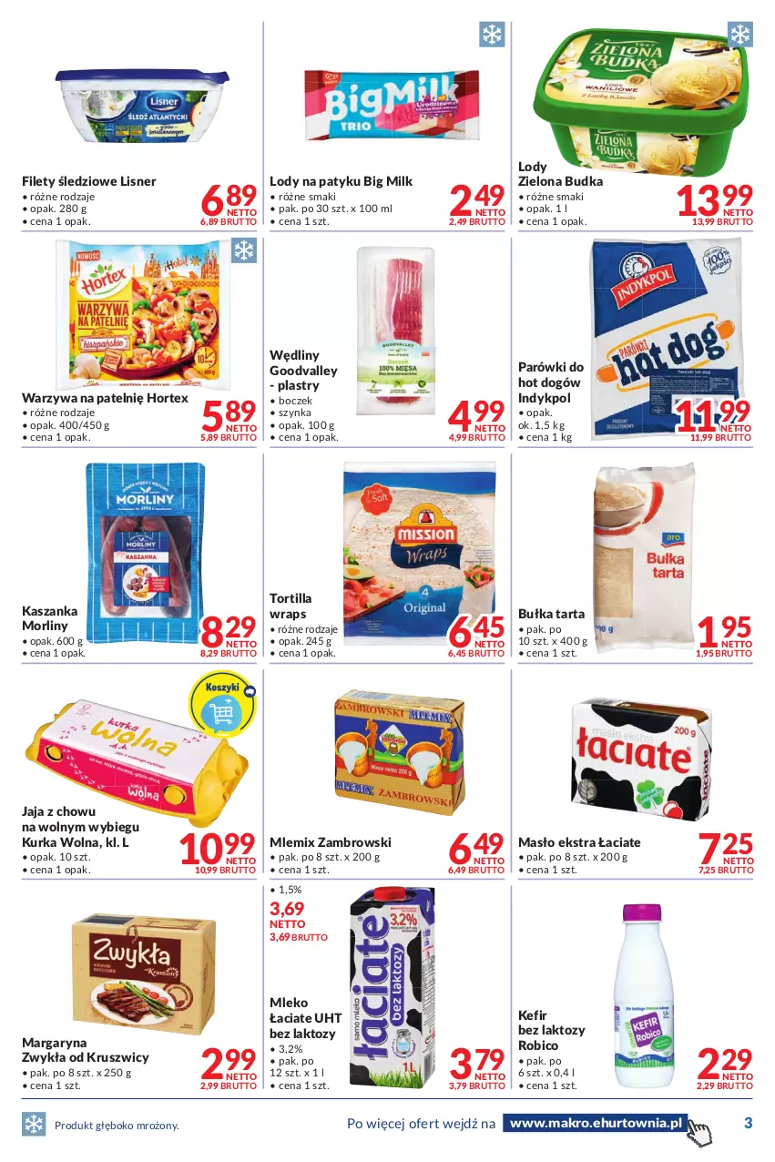 Gazetka promocyjna Makro - [Oferta promocyjna] Dostawy - ważna 28.06 do 11.07.2022 - strona 3 - produkty: BIC, Big Milk, Boczek, Bułka, Bułka tarta, Hortex, Hot dog, Jaja, Kasza, Kaszanka, Kefir, Lisner, Lody, Margaryna, Masło, Mleko, Mlemix Zambrowski, Morliny, Parówki, Robico, Szynka, Tarta, Tortilla, Warzywa, Zielona Budka