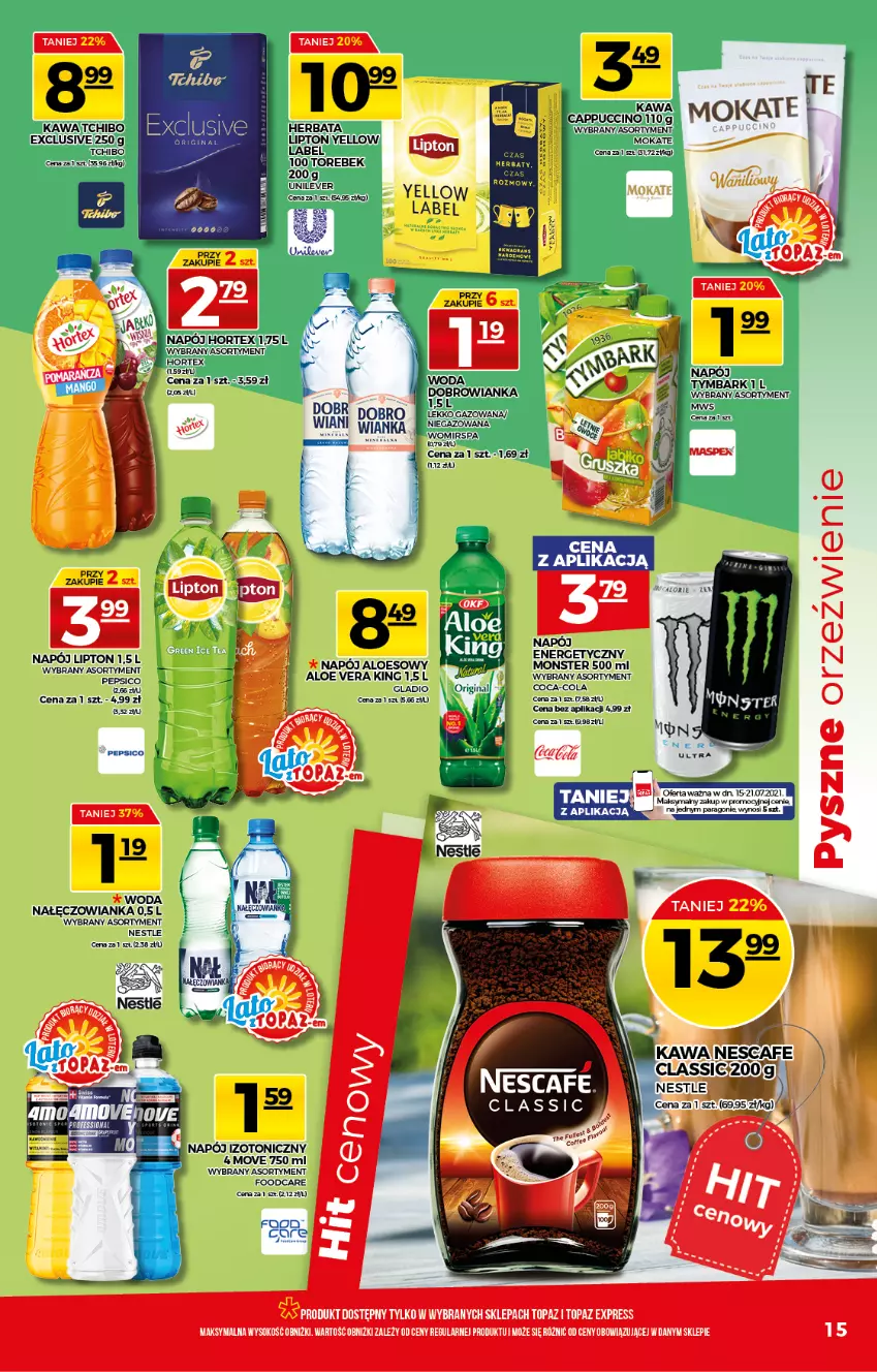 Gazetka promocyjna Topaz - Gazetka - ważna 15.07 do 21.07.2021 - strona 15 - produkty: Aloe vera, Cappuccino, Fa, Herbata, Hortex, Ice tea, Kawa, Lipton, Nałęczowianka, Napój, Sok, Top, Woda