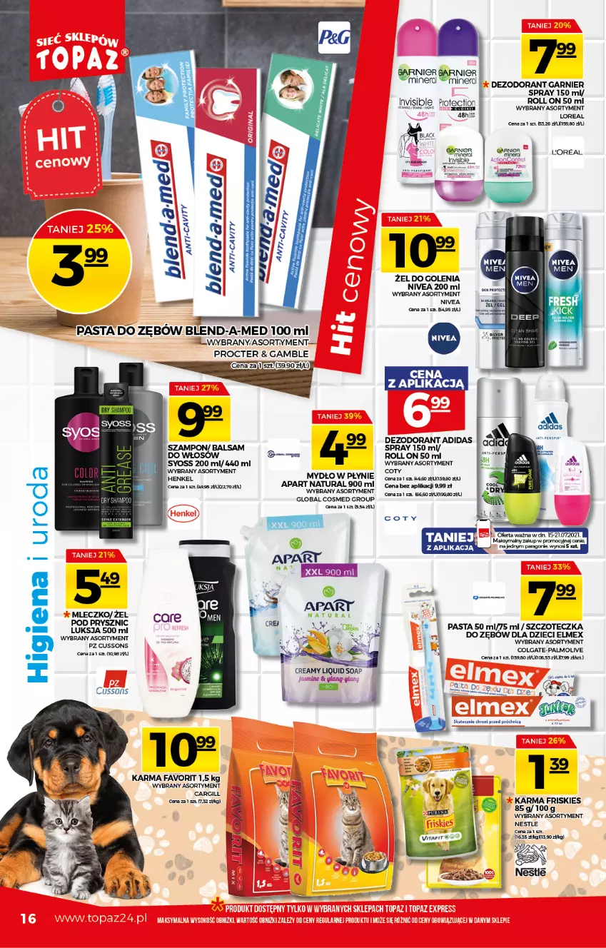 Gazetka promocyjna Topaz - Gazetka - ważna 15.07 do 21.07.2021 - strona 16 - produkty: Blend-a-Med, Colgate, Dezodorant, Dzieci, Elmex, Fa, Garnier, LG, Luksja, Mleczko, Mydło, Mydło w płynie, Palmolive, Pasta do zębów, Szampon, Szczoteczka