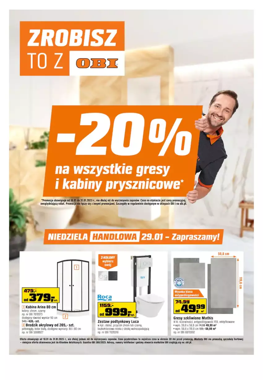 Gazetka promocyjna Obi - Gazetka OBI - ważna 18.01 do 31.01.2023 - strona 1 - produkty: Brodzik, Brodzik akrylowy, Dres, Gres, Miska, Telefon